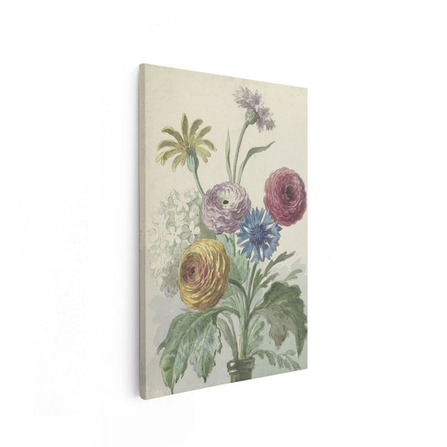 Canvas schilderij vooraanzicht Boeket met Bloemen in de Hals van een Groene Vaas - Willem van Leen