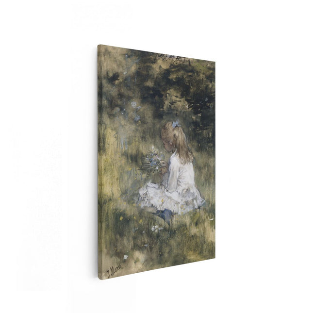 Canvas schilderij vooraanzicht Een Meisje met Bloemen in het Gras - Jacob Maris