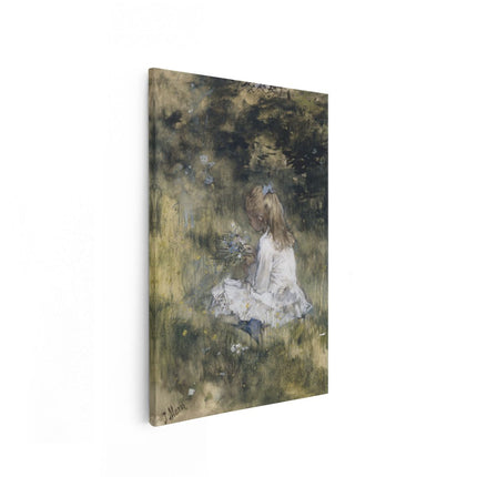 Canvas schilderij vooraanzicht Een Meisje met Bloemen in het Gras - Jacob Maris