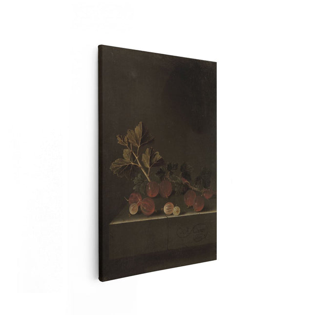 Canvas schilderij vooraanzicht Een Takje Kruisbessen op een Stenen Plint - Adriaen Coorte
