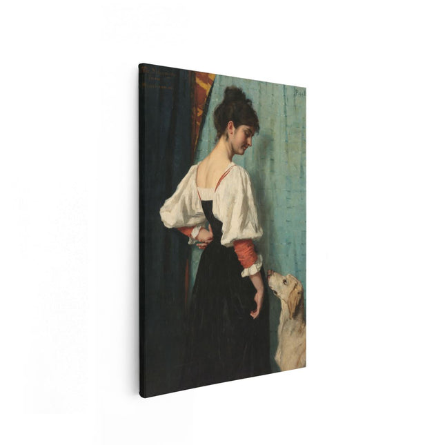 Canvas schilderij vooraanzicht Portret van een Jonge Vrouw met Hond Puck - Thérèse Schartze