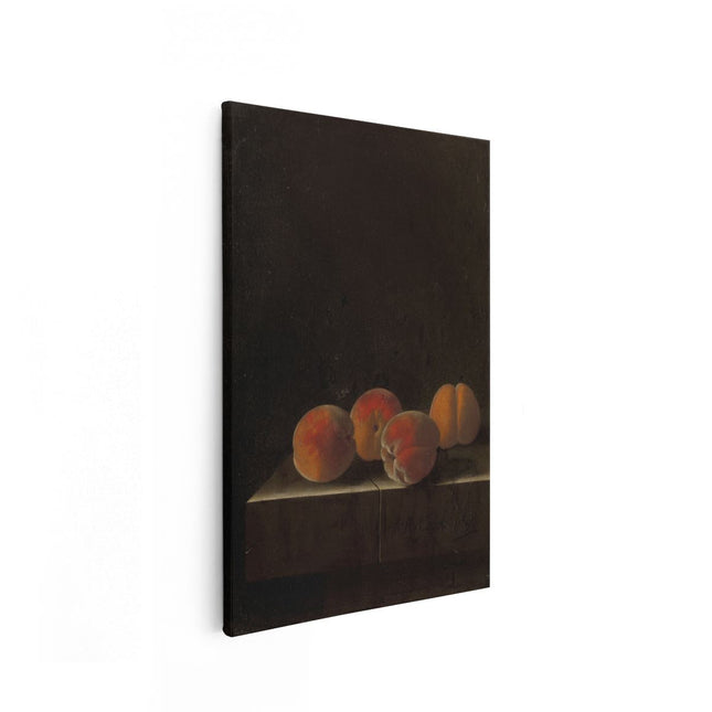 Canvas schilderij vooraanzicht Vier Abrikozen op een Stenen Plint - Adriaen Coorte