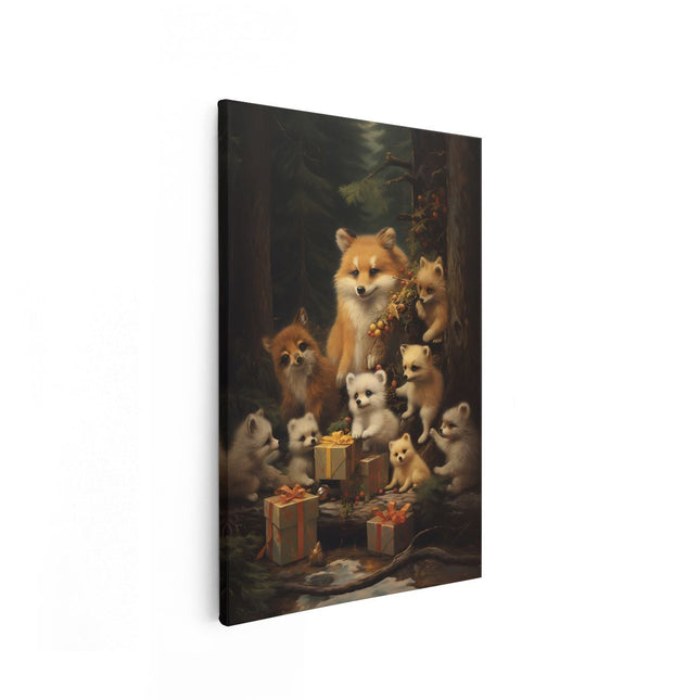 Canvas schilderij vooraanzicht Vossen Familie met Kerst Cadeaus - Kerstmis