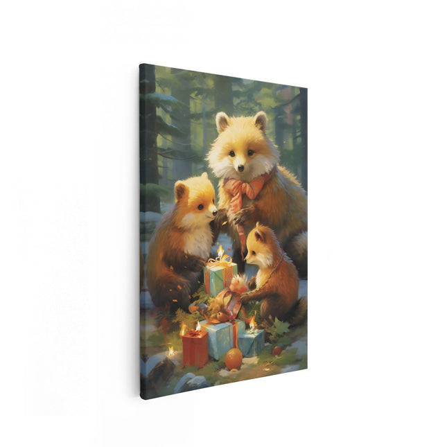 Canvas schilderij vooraanzicht Beren Familie met Kerstcadeaus - Kerstmis