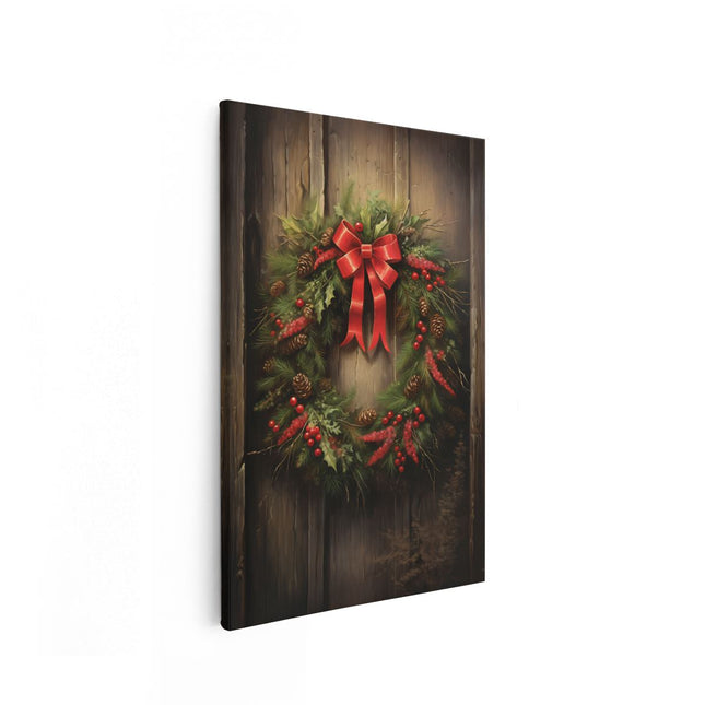 Canvas schilderij vooraanzicht Kerstkrans op een Houten Muur