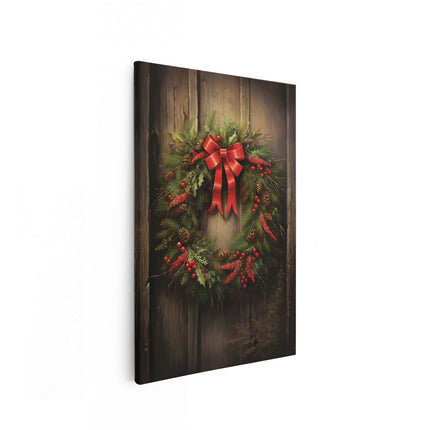 Canvas schilderij vooraanzicht Kerstkrans op een Houten Muur