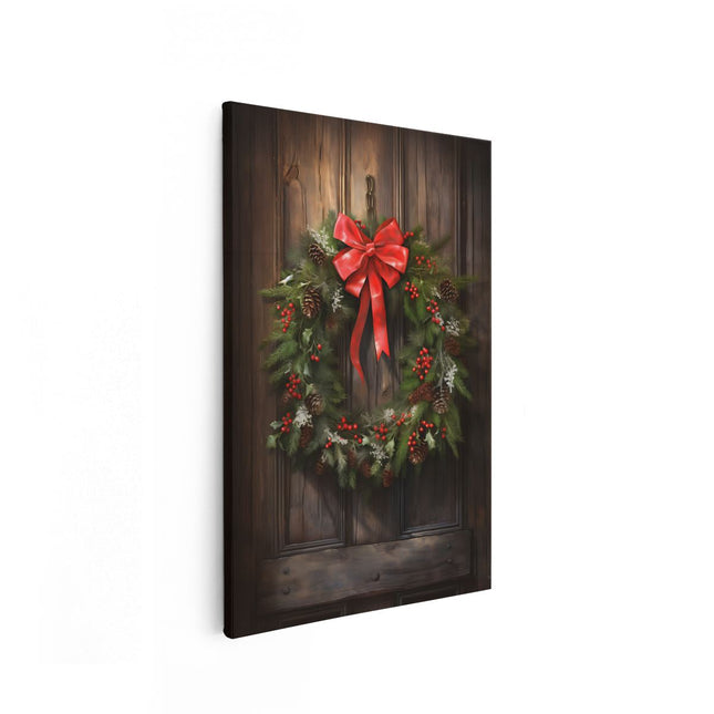 Canvas schilderij vooraanzicht Kerstkrans op een Houten Muur