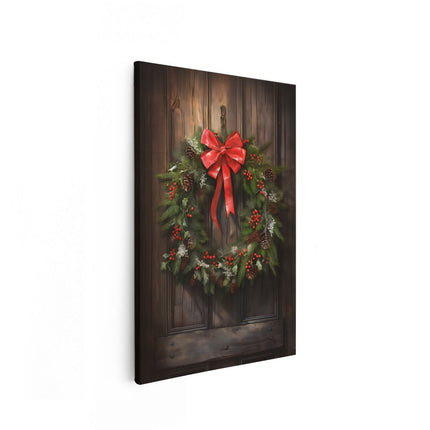 Canvas schilderij vooraanzicht Kerstkrans op een Houten Muur