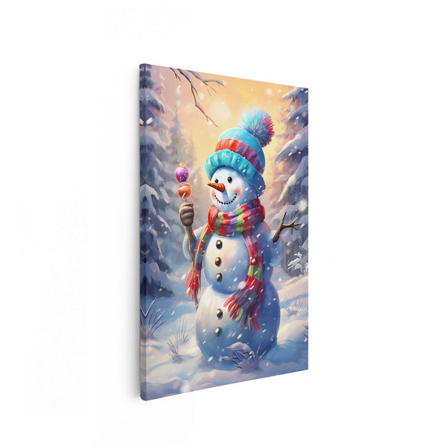 Canvas schilderij vooraanzicht Blije Sneeuwpop met een Lolly - Kerst
