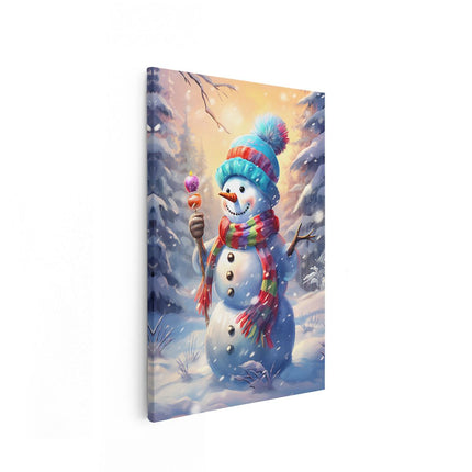 Canvas schilderij vooraanzicht Blije Sneeuwpop met een Lolly - Kerst