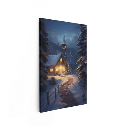 Canvas schilderij vooraanzicht Kerk in het Winterbos