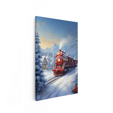 Canvas schilderij vooraanzicht Rode Locomotief Trein  in het Winter Bos - Kerst