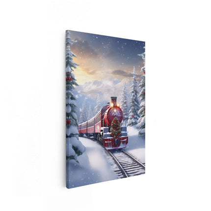 Canvas schilderij vooraanzicht Rode Locomotief Trein  in het Winter Bos - Kerst