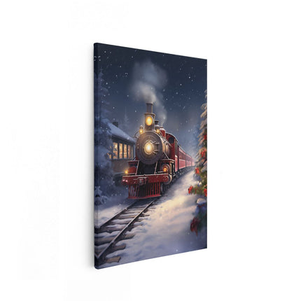 Canvas schilderij vooraanzicht Rode Locomotief Trein  in het Winter Bos - Kerst