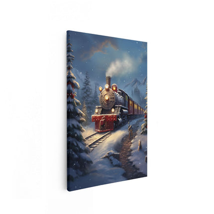 Canvas schilderij vooraanzicht Rode Locomotief Trein  in het Winter Bos - Kerst