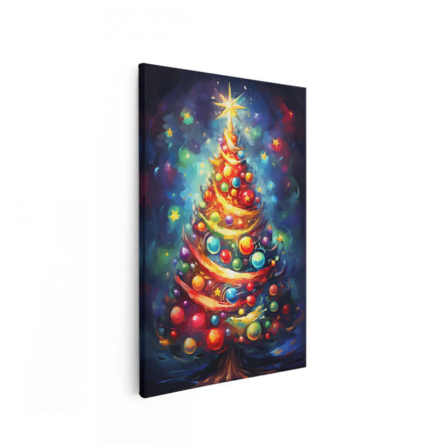 Canvas schilderij vooraanzicht Gekleurde Kerstboom - Kerst - Versieringen