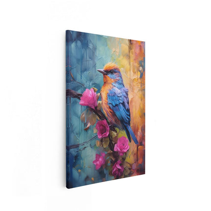 Canvas schilderij vooraanzicht Vogel op een Tak met Roze Bloemen