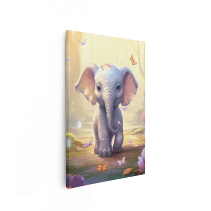 Canvas schilderij vooraanzicht Baby Olifant met Vlinders