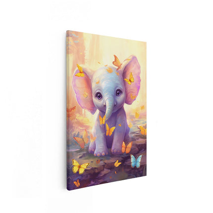 Canvas schilderij vooraanzicht Baby Olifant met Oranje Vlinders