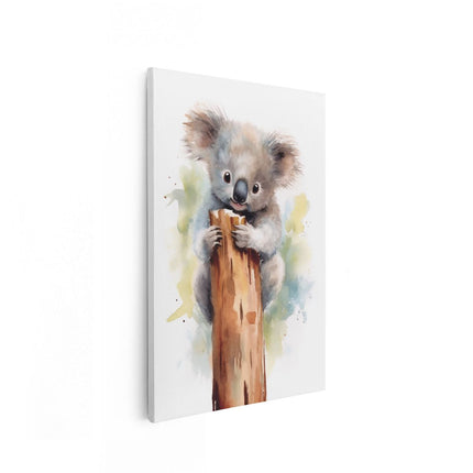 Canvas schilderij vooraanzicht Baby Koala aan een Tak
