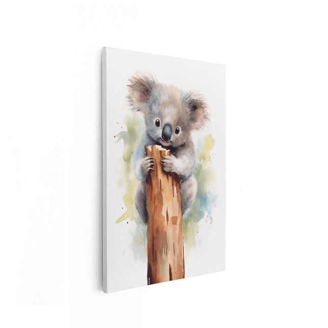 Canvas schilderij vooraanzicht Baby Koala aan een Tak