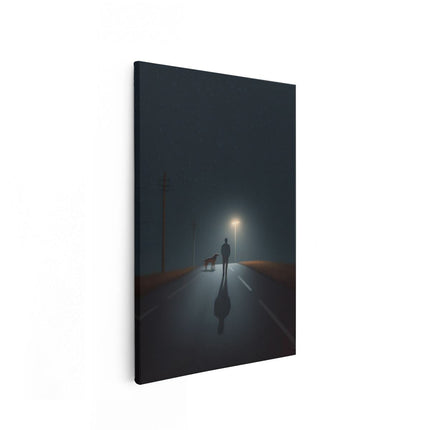 Canvas schilderij vooraanzicht Man met een Hond in de Nacht
