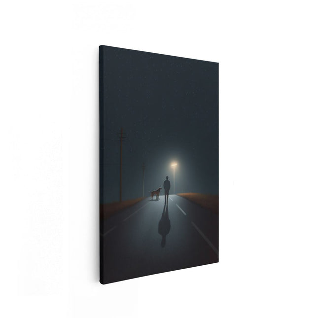 Canvas schilderij vooraanzicht Man met een Hond in de Nacht