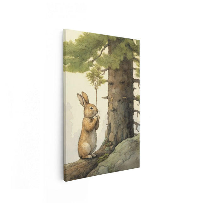 Canvas schilderij vooraanzicht Konijn Knaagt bij een Boom