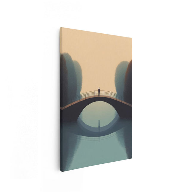 Canvas schilderij vooraanzicht Man bij een Brug in het Bos