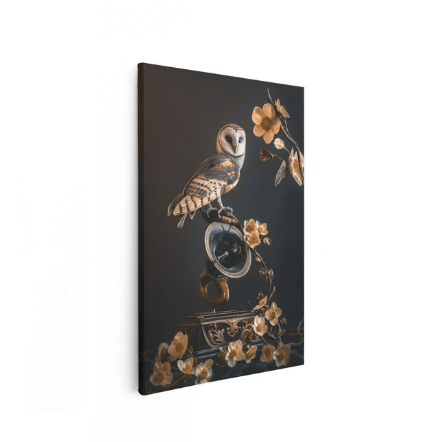 Canvas schilderij vooraanzicht Uil Zat op een Grammofoon