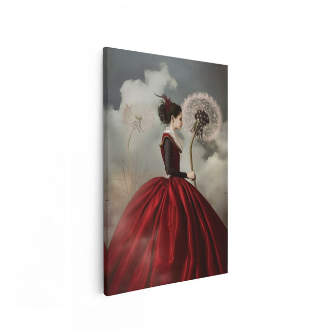 Canvas schilderij vooraanzicht Vrouw in een Rode Jurk met een Paardebloem