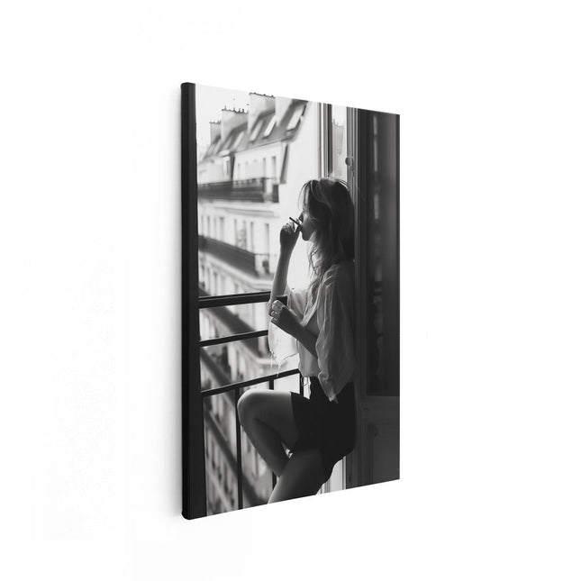 Canvas schilderij vooraanzicht Vrouw Zittend op een Balkon een Sigaret Roken