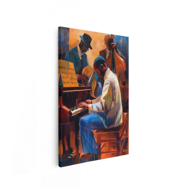 Canvas schilderij vooraanzicht Drie Muzikanten die Piano Spelen