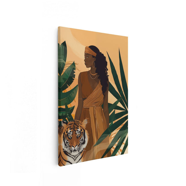 Canvas schilderij vooraanzicht Afrikaanse Vrouw met een Tijger