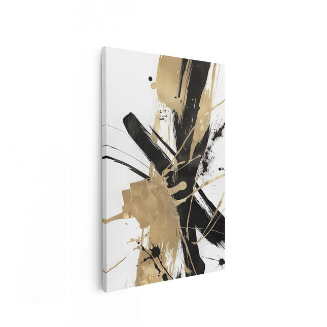 Canvas schilderij vooraanzicht Abstract Kunstwerk met Zwarte en Gouden Verfspatten