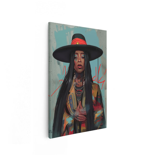 Canvas schilderij vooraanzicht Vrouw met Lang haar en een Hoed
