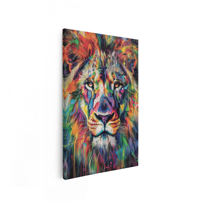 Canvas schilderij vooraanzicht Kleurrijke Leeuw met Verfspatten