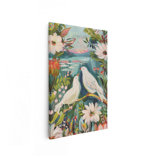Canvas schilderij vooraanzicht Twee Witte Duiven Zaten op een Tak