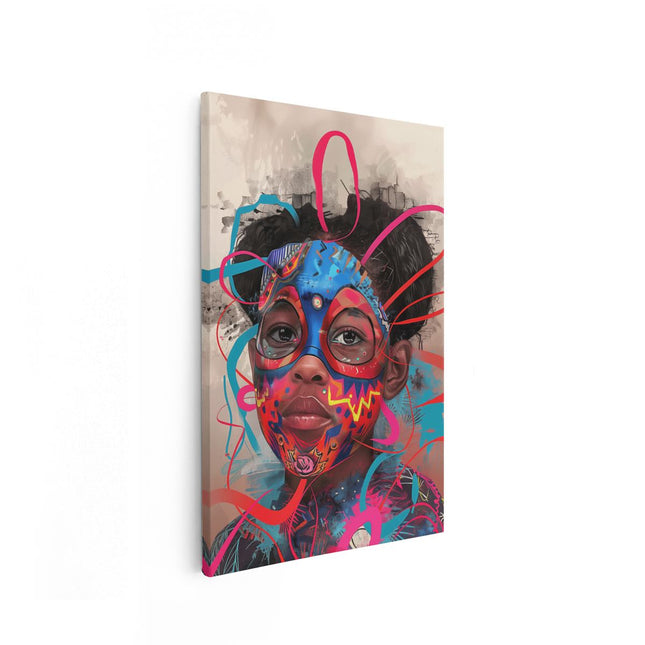 Canvas schilderij vooraanzicht Meisje met Kleurrijke Verf op haar Gezicht