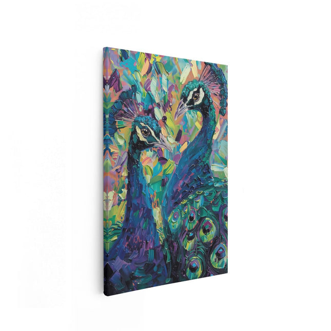 Canvas schilderij vooraanzicht Twee Pauwen met Kleurrijke Veren