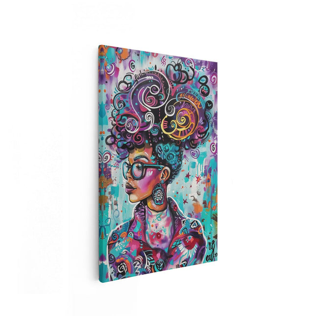Canvas schilderij vooraanzicht Vrouw met een Kleurrijke Afropruik en Bril