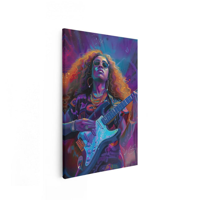 Canvas schilderij vooraanzicht Vrouw met Krullend haar die Gitaar Speelt