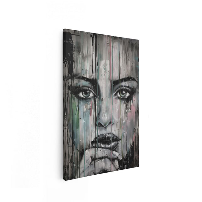 Canvas schilderij vooraanzicht Kunstwerk van een Vrouw met Druipende Verf op haar Gezicht
