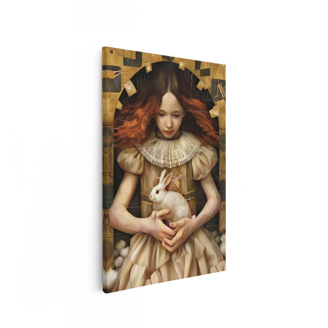 Canvas schilderij vooraanzicht Meisje dat een Konijn Vasthoudt