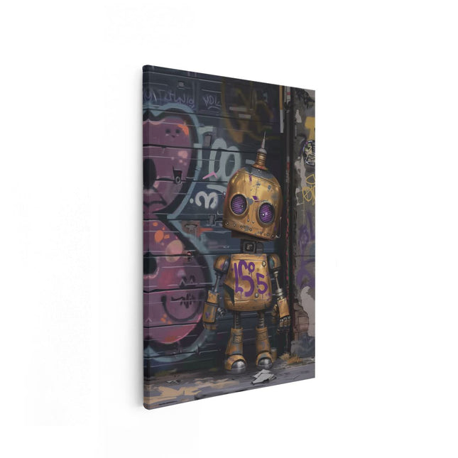 Canvas schilderij vooraanzicht Robot met Paarse Ogen die voor een met Graffiti Bedekte Muur Staat