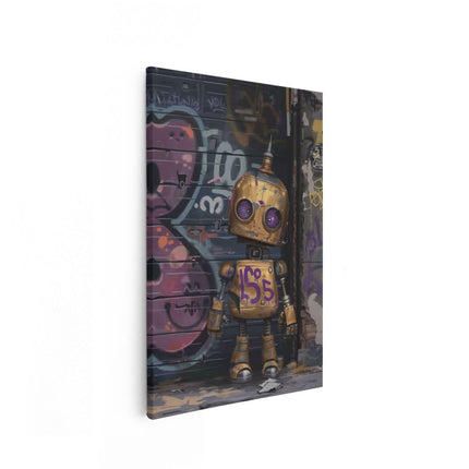 Canvas schilderij vooraanzicht Robot met Paarse Ogen die voor een met Graffiti Bedekte Muur Staat