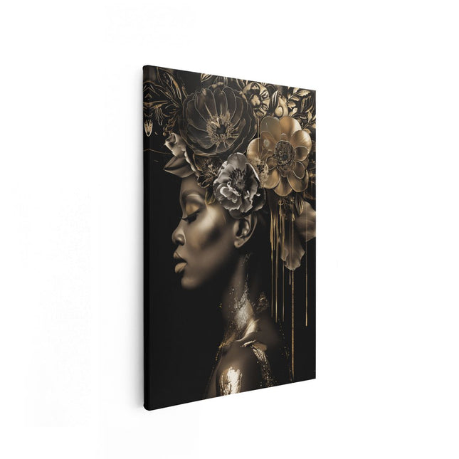 Canvas schilderij vooraanzicht Zwarte Vrouw met Bloemen op haar Hoofd