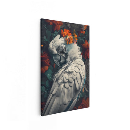 Canvas schilderij vooraanzicht Vogel met een Bloem op zijn Kop