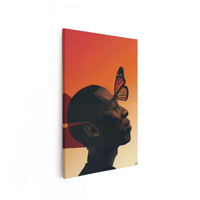 Canvas schilderij vooraanzicht Man met een Vlinder op zijn Hoofd