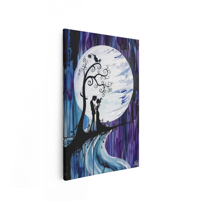 Canvas schilderij vooraanzicht Kunstwerk van een Kussend Stel onder een Volle Maan